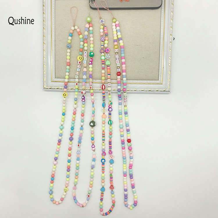 Qushine Wholesale Customized Colorful Beads Decorate Phone Chain Handmade Long Chain For Mobile Phone