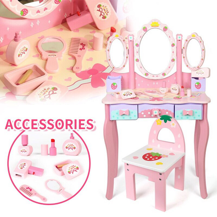 Pretend Play Cosmetics Make Up Toy Set for Girls Wooden Make Up Toy Table Set Cute Strawberry Cosmetic Toys Make Up Set