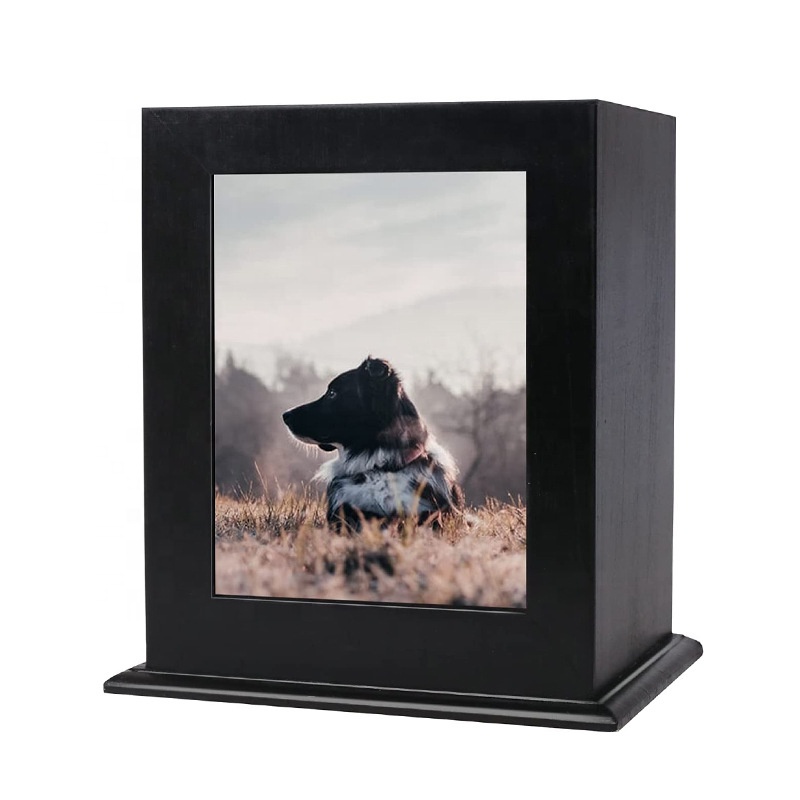 Funerary Caskets Supplies Burly Wood Cremation Urns with Acrylic Glass Photo Protector for Pet Lovers