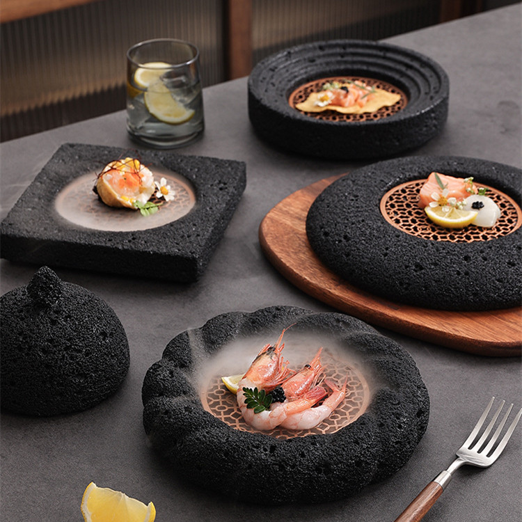 Creative Restaurant Dry Ice Dishes and Plates Volcanic Rock Design Japanese Sashimi Sushi Salmon Seafood Serving Plate Dinner Pl