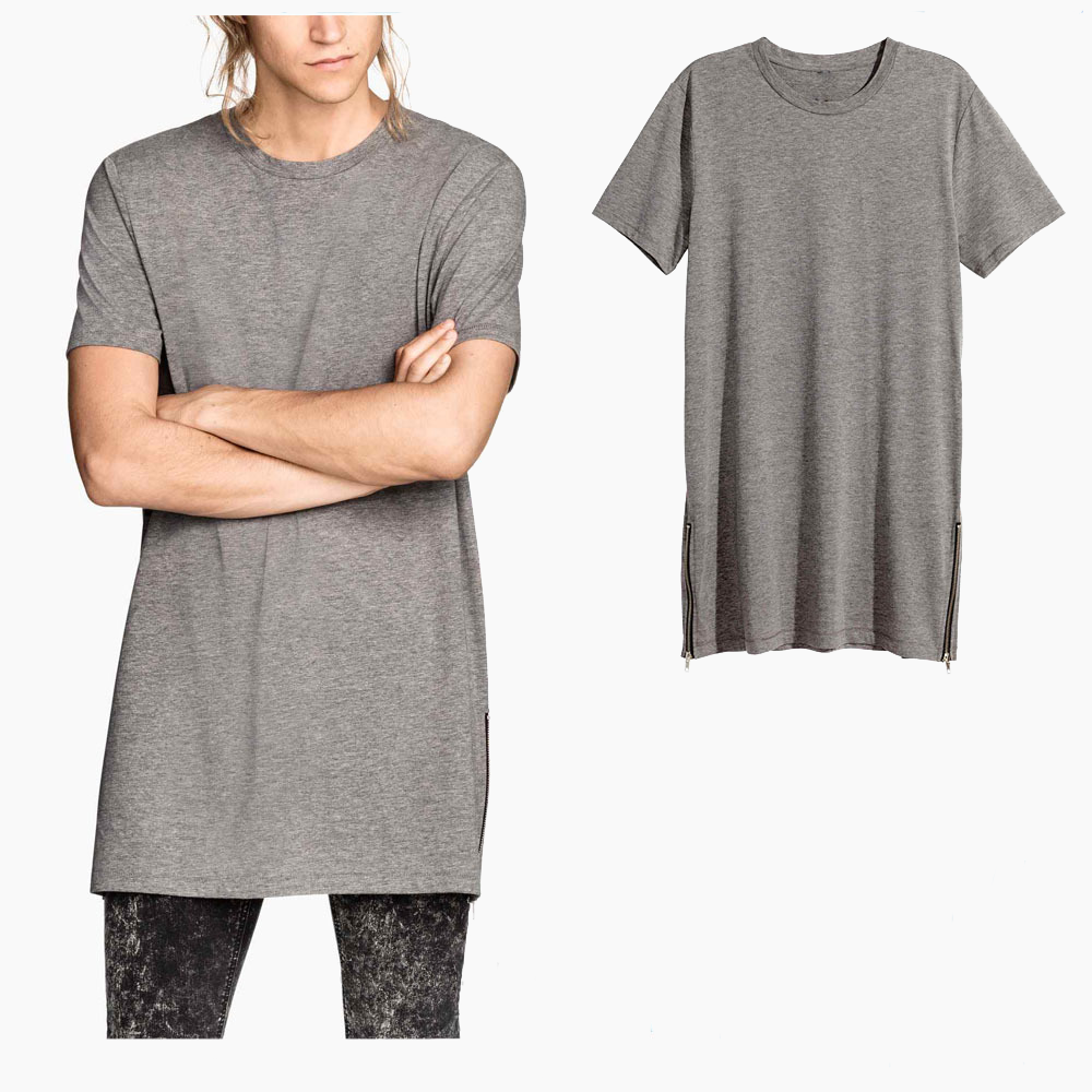 new fashion high quality solid color plus long casual side zippers cotton mens T-shirt