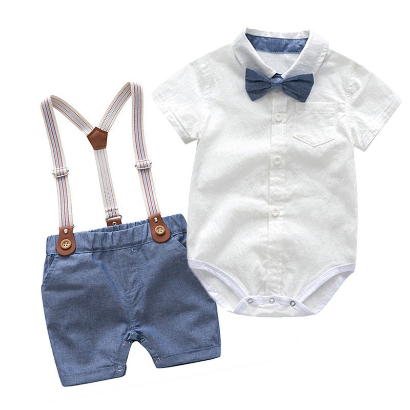Fashion Newborn Baby Boys Cotton Bow Tie Shirt Gentleman Short Sleeve Suit Kids Clothing Set Children's Clothes for Summer