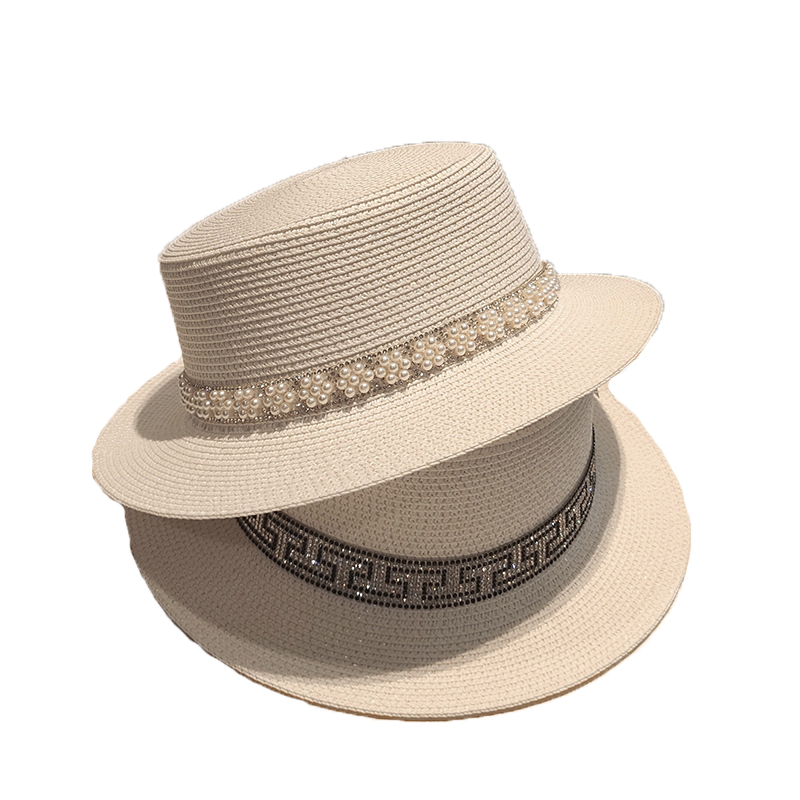Luxury Design Women Pearl Decoration Flat Top Straw Hats Fashion INS Hot Western Style Travel Beach Seaside Sunscreen Straw Hats