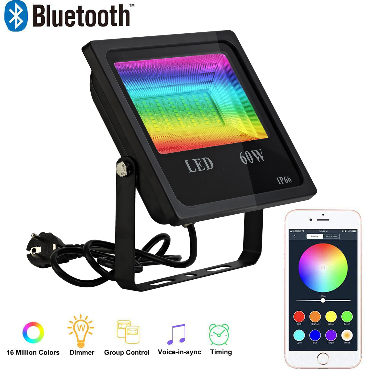 Светодиодный отражатель 60 Вт RGB Вт, прожектор безопасности, прожектор для внутреннего и наружного освещения, сада, водонепроницаемая лампа IP66, прожектор, уличное освещение