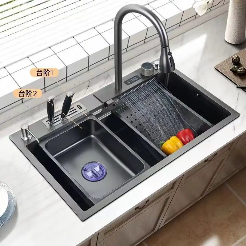 Hot Selling Single Bowl Nanometer Kitchen Sink Stainless Steel Handmade Waterfall Faucet Kitchen Sink