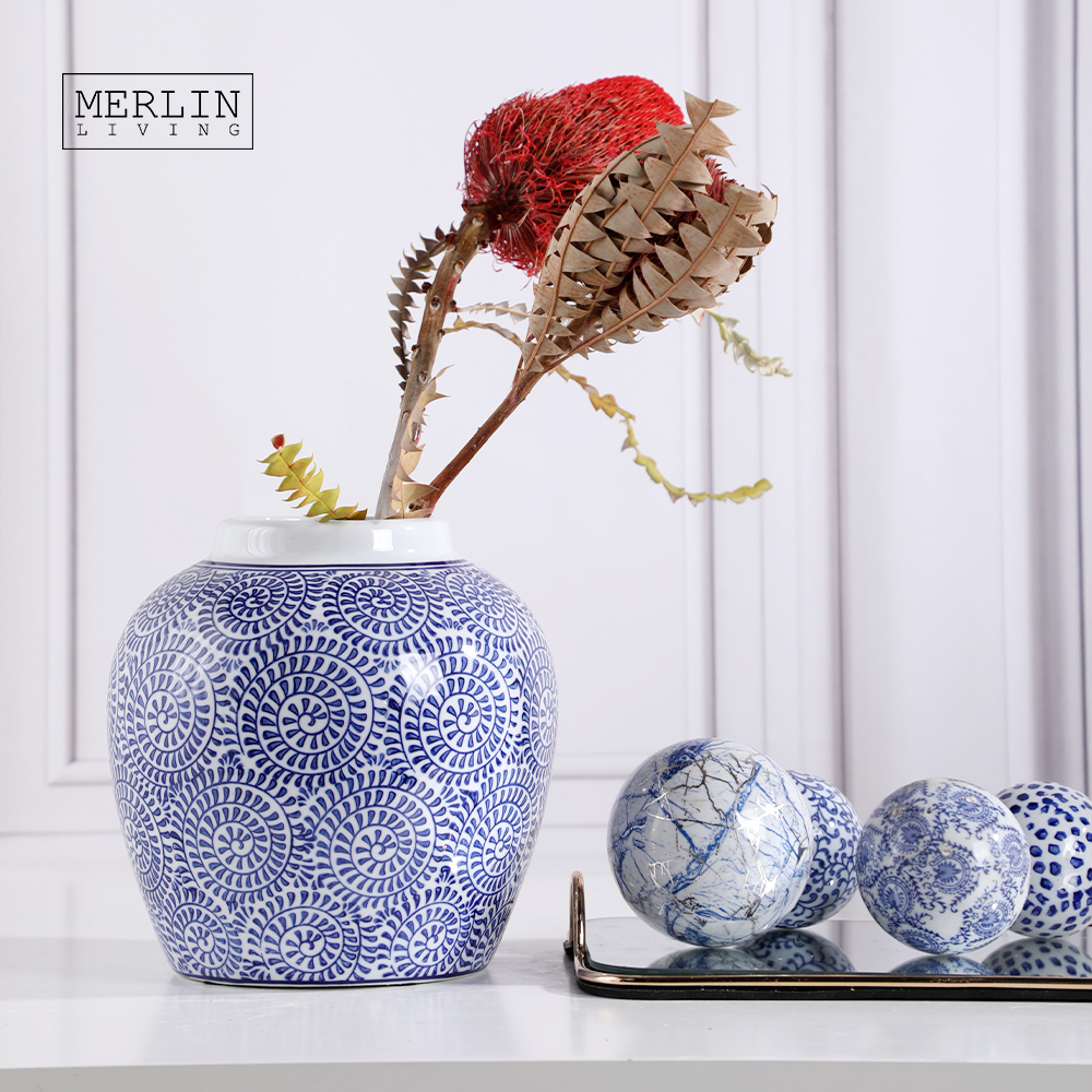 Сине-белая фарфоровая Имбирная банка Merlin Chaozhou керамическая Фабрика оптовая продажа керамическая декоративная ваза для домашнего декора