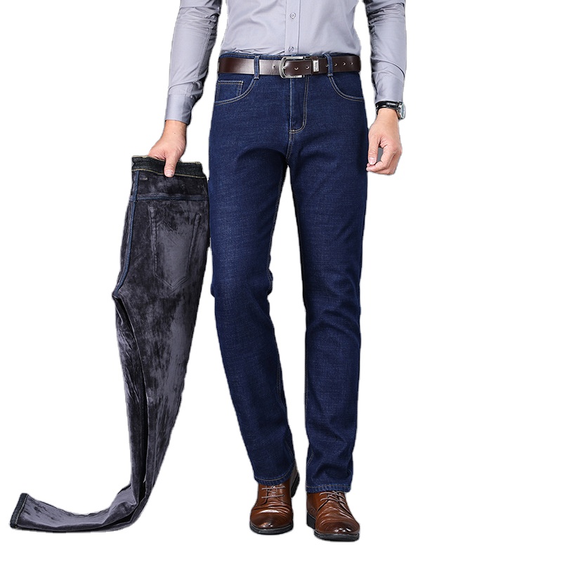 2021 New winter skinny jean chemical wash high waist straight distressed plus size men's trousers business casual warm jeans men