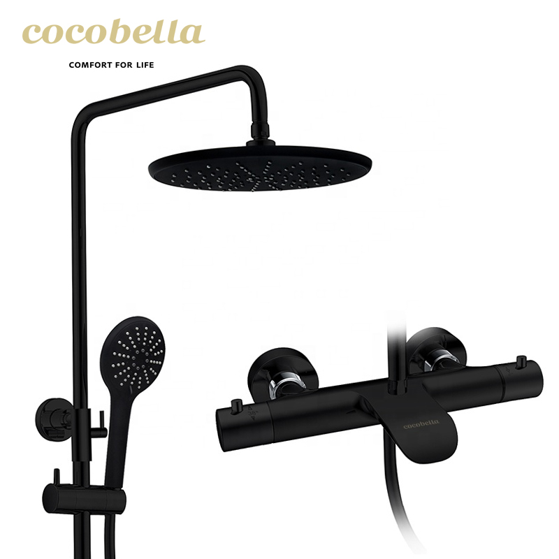 COCOBELLA Новый матовый черный термостатический дождевой Душ с ручной современный термостатический смеситель с одной ручкой хром