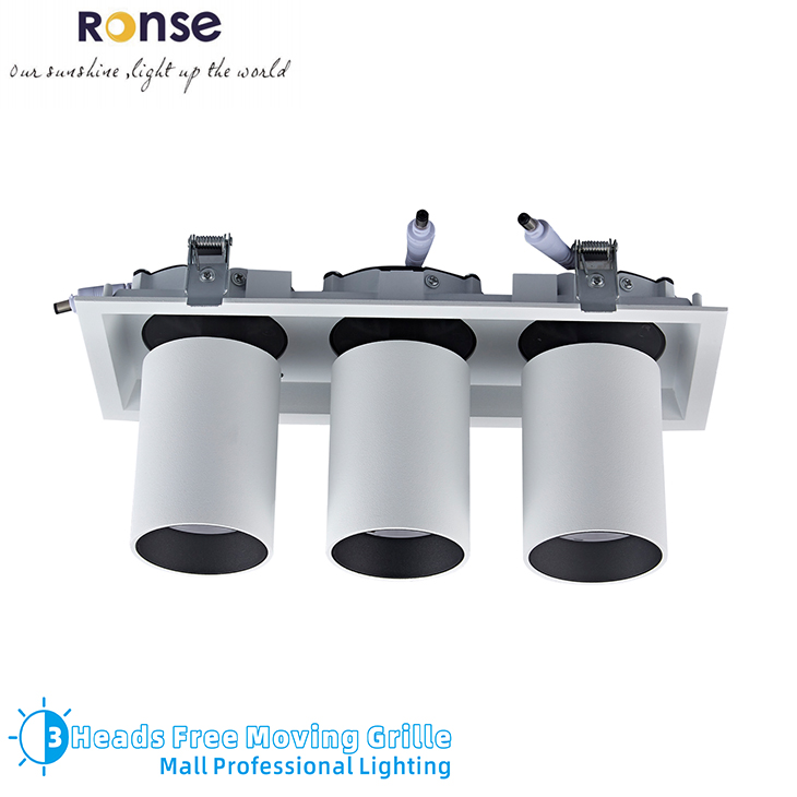RONSE 3 Heads Moving Cob Grille Led Ceiling Stable Fixtures Lighting White Finsh 4000K DayLight Professional Function Lighting