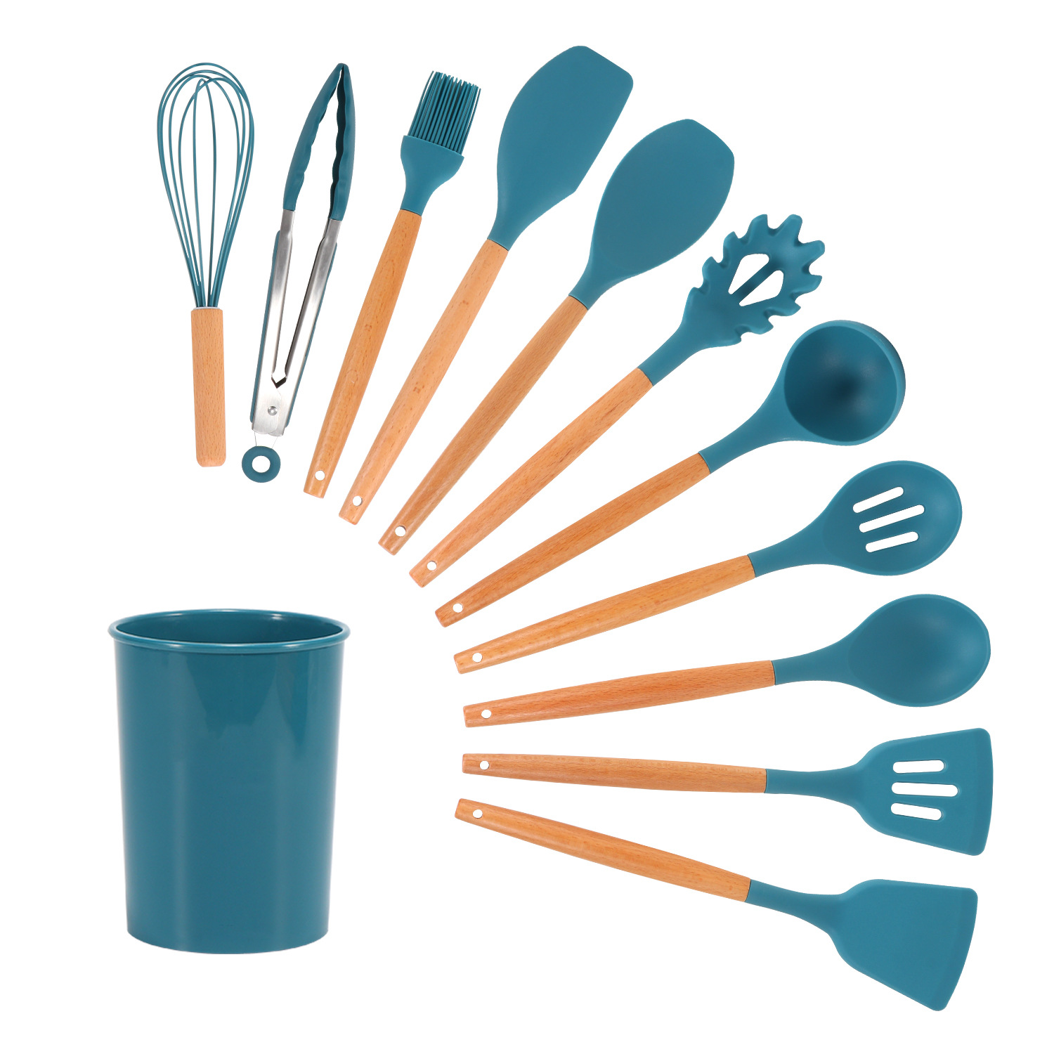 Cross-border hot sale storage bucket with wooden handle color silicone kitchenware non-stick spatula kitchenware set