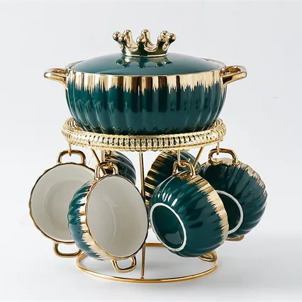 Luxury gold plated soup bowl  tableware cooking porcelain soup pot and bowl ceramic soup pot
