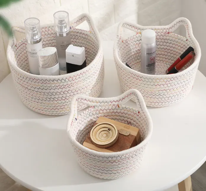 Handmade Woven Storage Basket With Handle  Fold Cotton Rope Laundry  Kids Room Storage Save Space