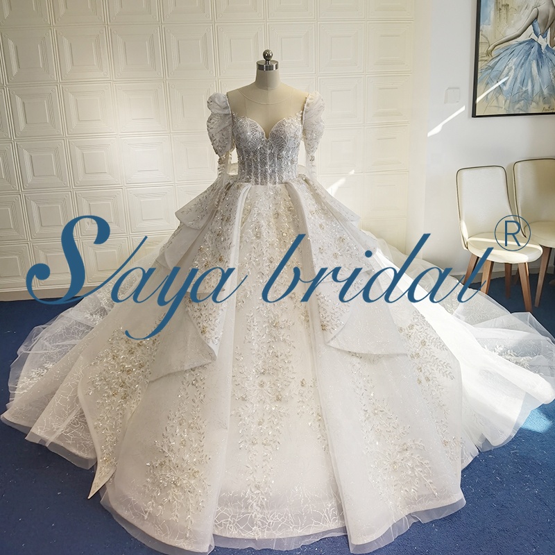 2021 New Design Long Sleeve Luxury bead work Full Bridal Gowns Plus Size wedding dress sayabridal long streaking