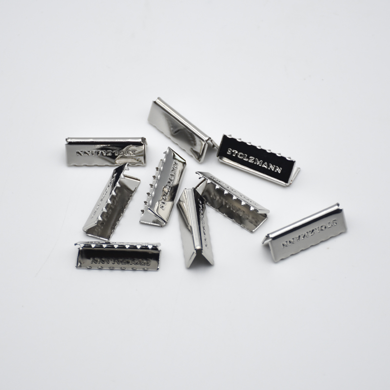 Shiny Silver Color Custom Carved Logo Strip Shape Webbing End Clip Rope End Clips for Belt Tip Shoelace Ribbon Clothing