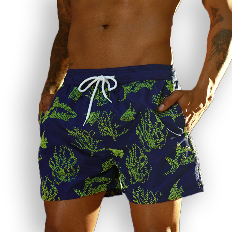 Mesh Shorts Flocking Coral Shark Two Deep Side Hem Pockets Summer Basic Men Shorts
