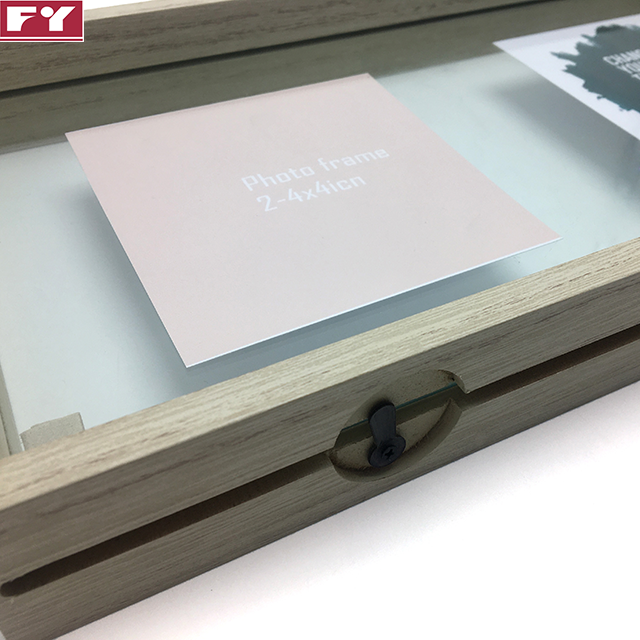 Modern minimalist wooden glass photo frame set up on the wall