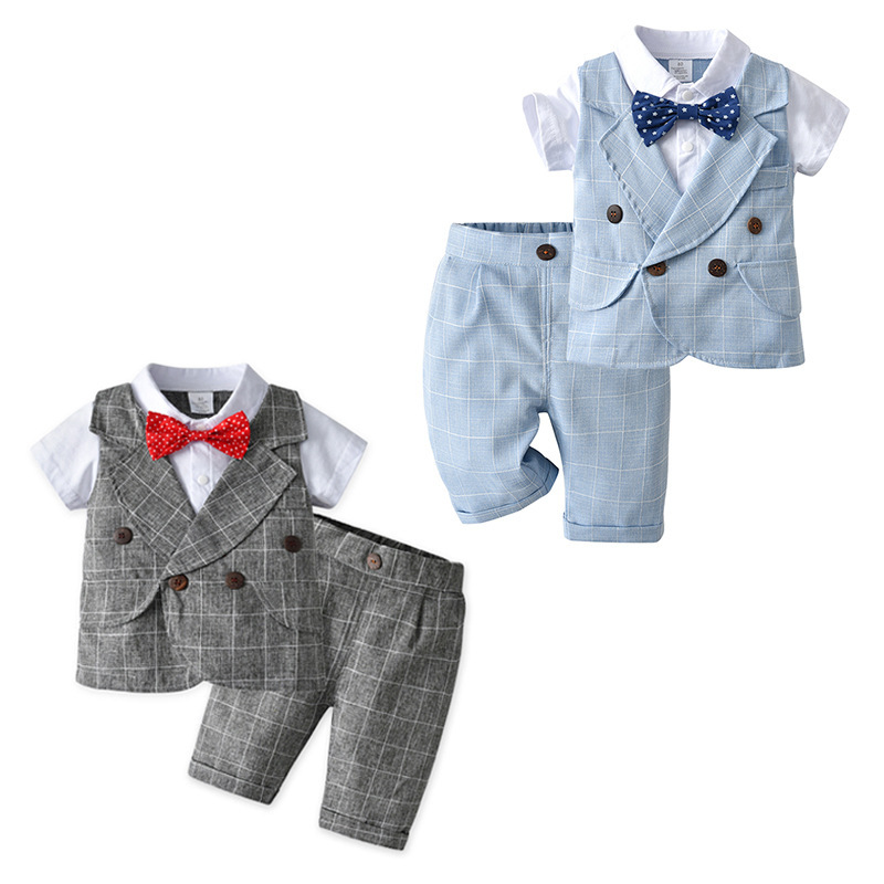 Casual Soft Cotton Infant Boys Summer Clothes Set Children Plaid Gentleman Two-piece Short Sleeve Suit