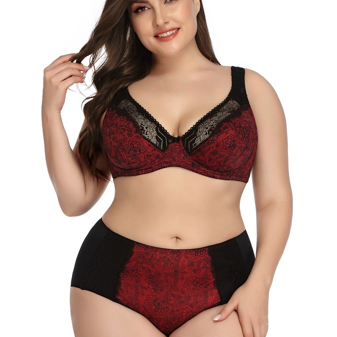 JUNXI Bra Brief Sets Women Plus Size Sexy Lace Print Bra & High Waisted Panty Underwear