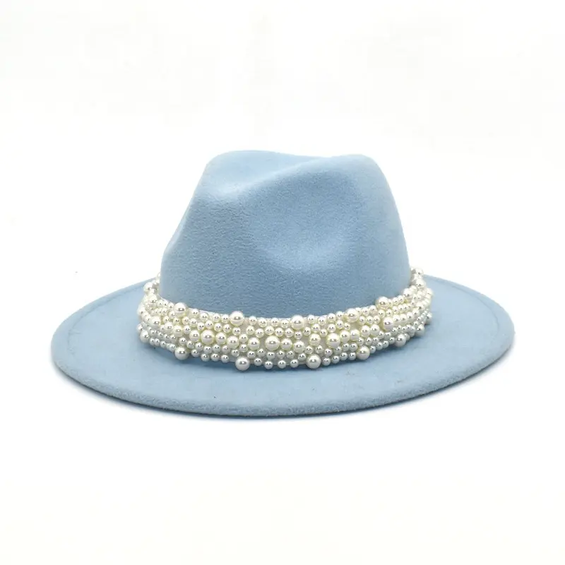 Ladies Classic with pearl Floppy Panama Hat Belt Buckle Wool Fedora Hats wide brim