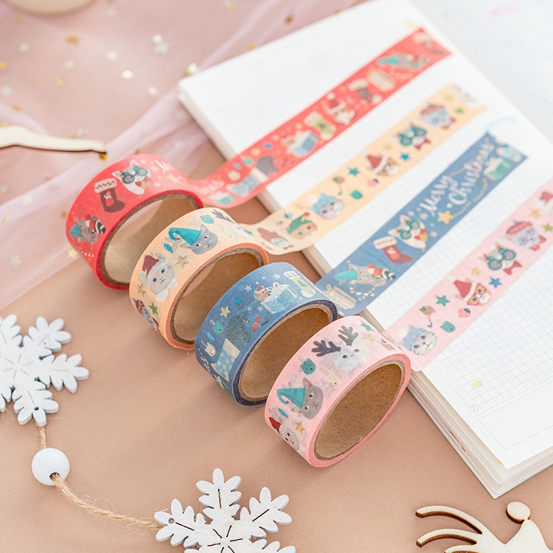 4 Rolls Christmas Cat Washi Masking Tape Christmas Holiday Decorative Tape Sticker Gift DIY Crafts Journal Scrapbooking
