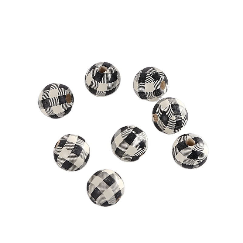 16mm Printed Wood Beads Children Grid Scattered Wood Beads Diy Accessories Black Box Round Beads Tassel String