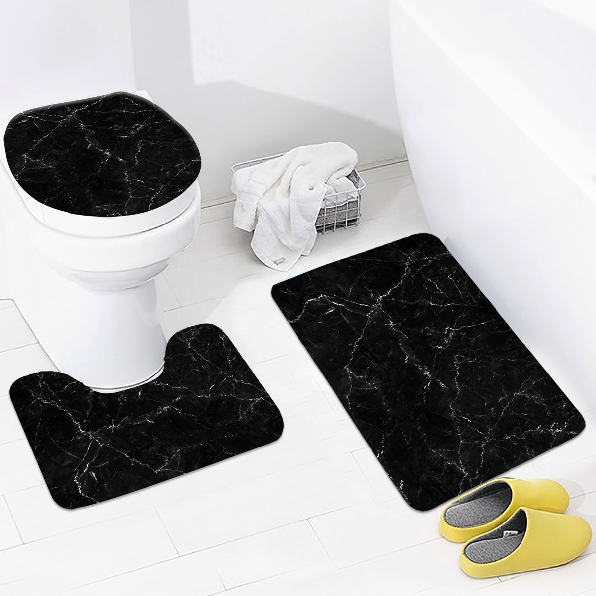 Digital Printed Black Marble Polyester Custom bath mat Bathroom Sets 3 pieces Rugs Sets Water absorbent cheap price