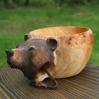 Kuksa Hand Carved Wooden Mug vintage wood grain Big belly beer coffee tea cup with Handle rubber Animal wood cup