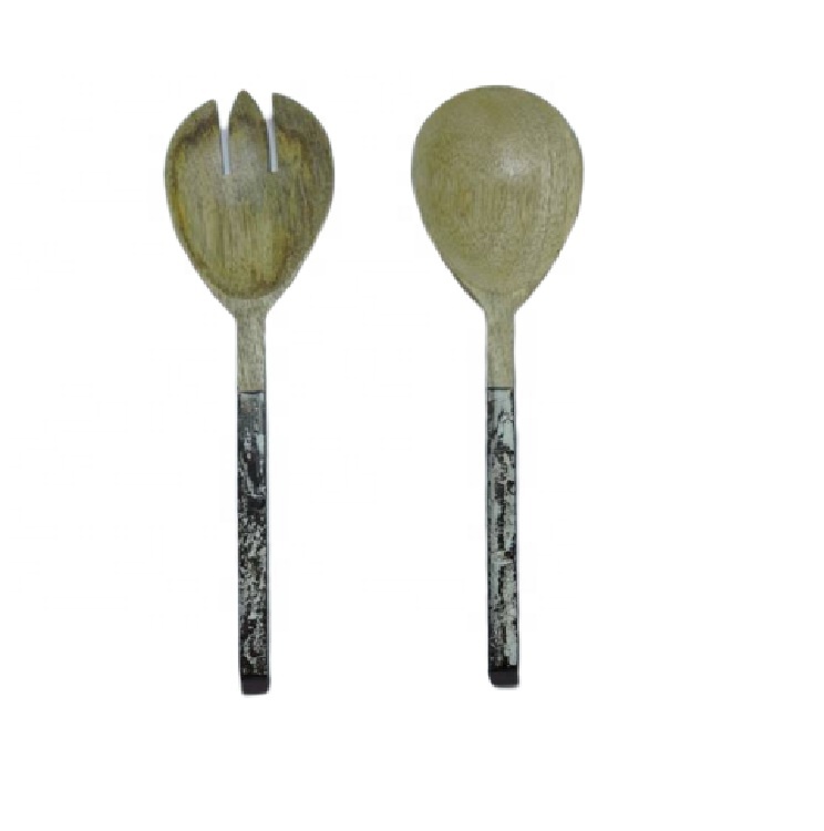 Bark Wood Handle Wood Salad Server Spoon Set