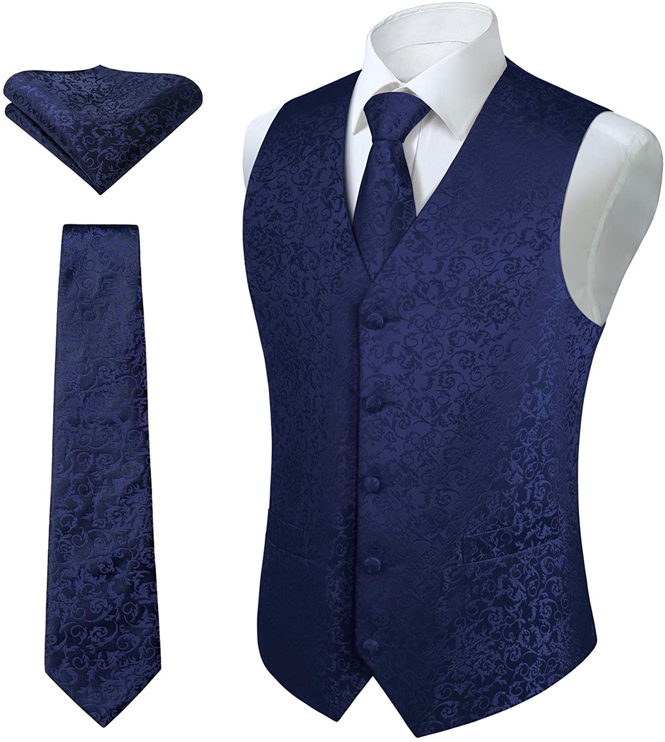 Men's Vest Tie Set Paisley Floral Jacquard Necktie Pocket Square Classic Waistcoat Wedding Party Suit or Tuxedo