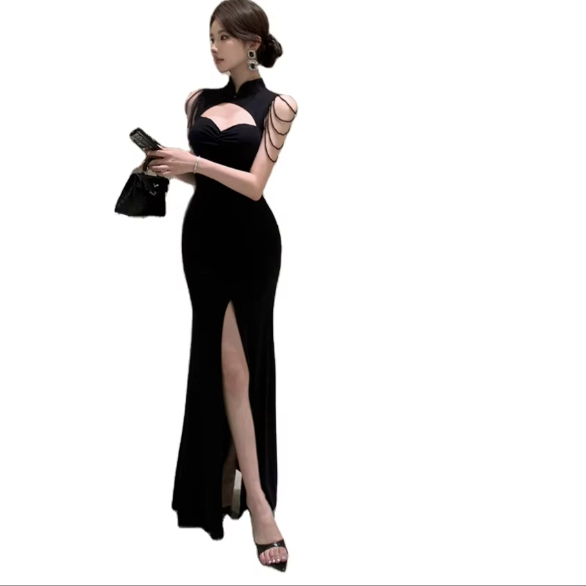New Black Cheongsam with High Slit Shoulder Chain Traditional Chinese Style Clothing