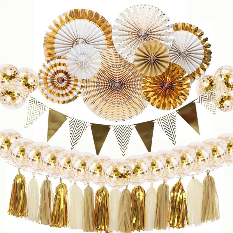 Birthday Party Gold Paper Fan Balloons Decoration Set Gold Banner Balloon Party Supplies Set Custom Packaging Customized Size