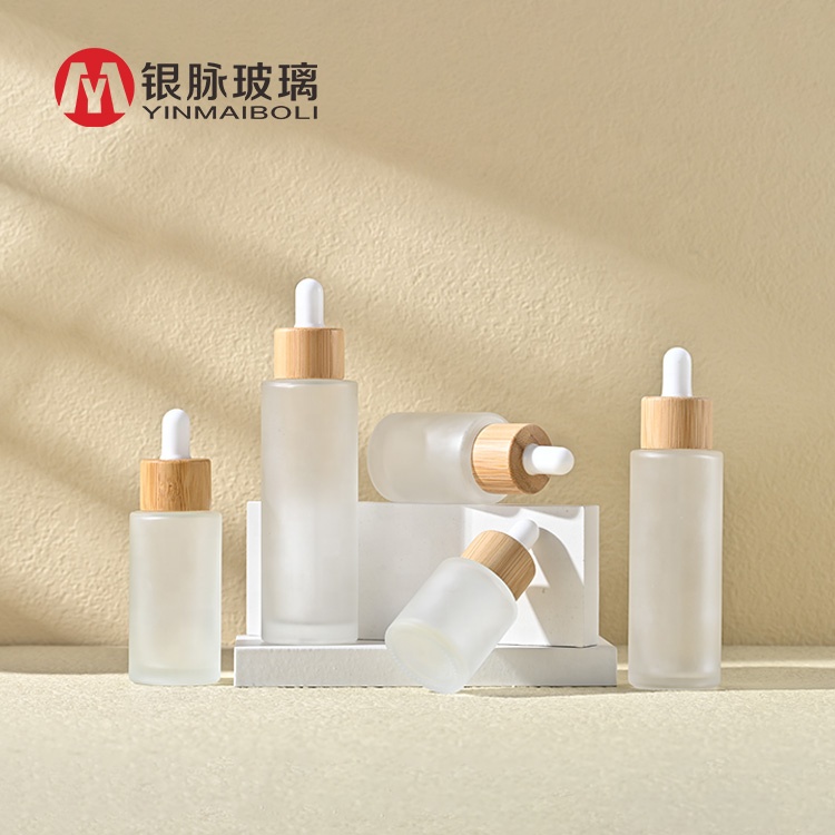 Luxury 20ml 30ml 40ml 50ml 60ml 80ml 100ml Frosted Glass Serum Dropper Bottle With Bamboo Cap Ring cosmetic Essential Oil Bottle