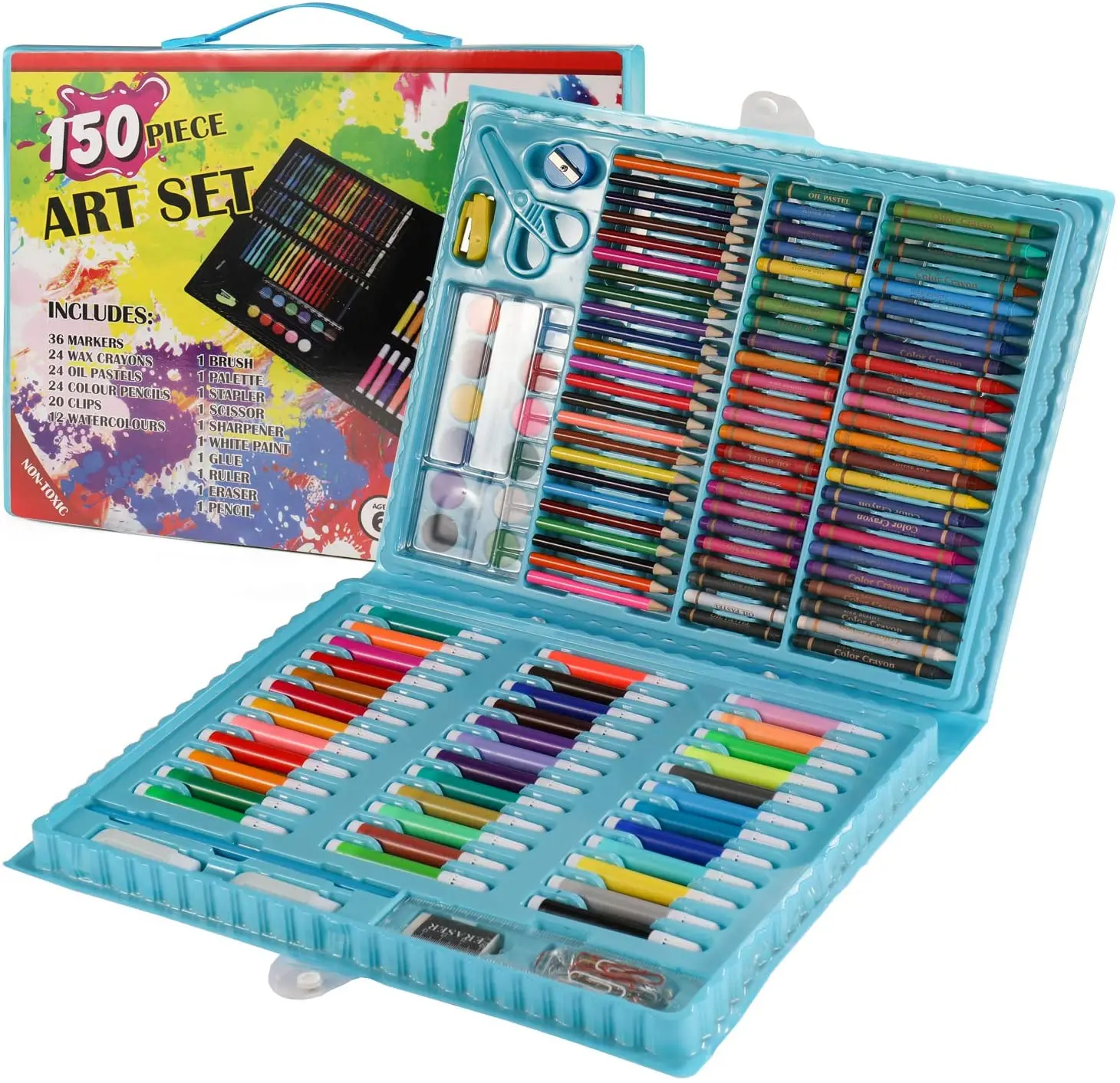Cheaper Stationery Set Drawing Art Box Set De Arte with Oil Pastels, Crayons, Colored Pencils, Markers, Paint Brush