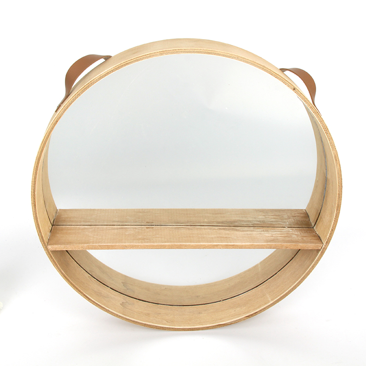 Organic Wooden Round Mirror Tray Box Wall Hanging Home Decoration With Storage Rack