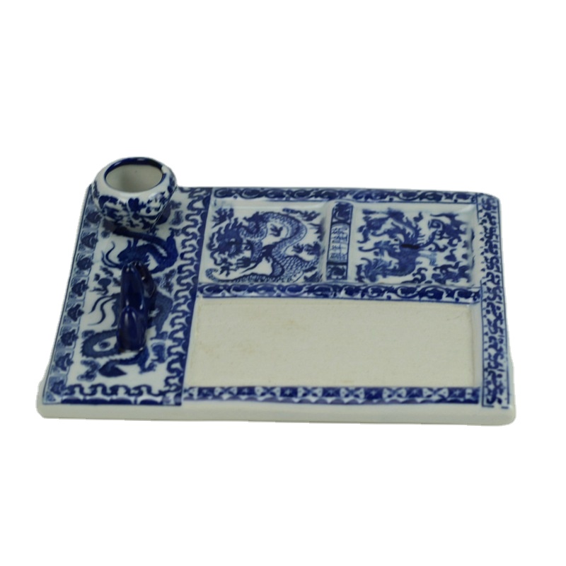 RZGE05 Blue and white Chinese calligraphy ceramic inkstone with pen rack and ink pot