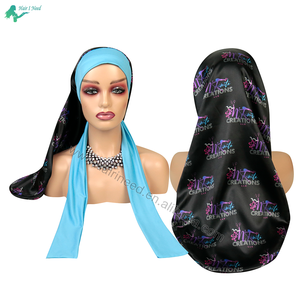 Customized Silky Satin Soft Extra Long Night Sleep Hair Bonnet Elastic Head Scarf Adjust Non Slip Tie Satin Long Braid Bonnet