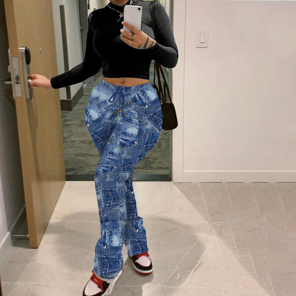 2021 new fashion printed denim blue women's casual trousers flared stacked plus size ladies pants women pant