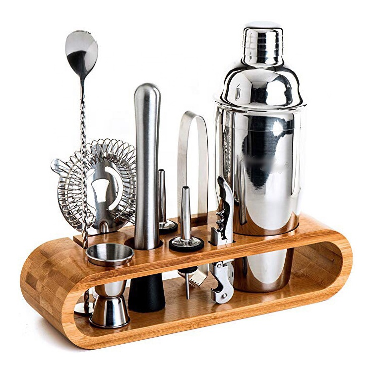 Custom 10-piece 750ml coqueteleira kit de bartender bamboo stand coffee bar tool cocktail shaker set