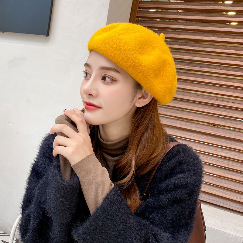 2021 Solid Color Beret Female Autumn And Winter British Retro Woolen Cute Painter Hat