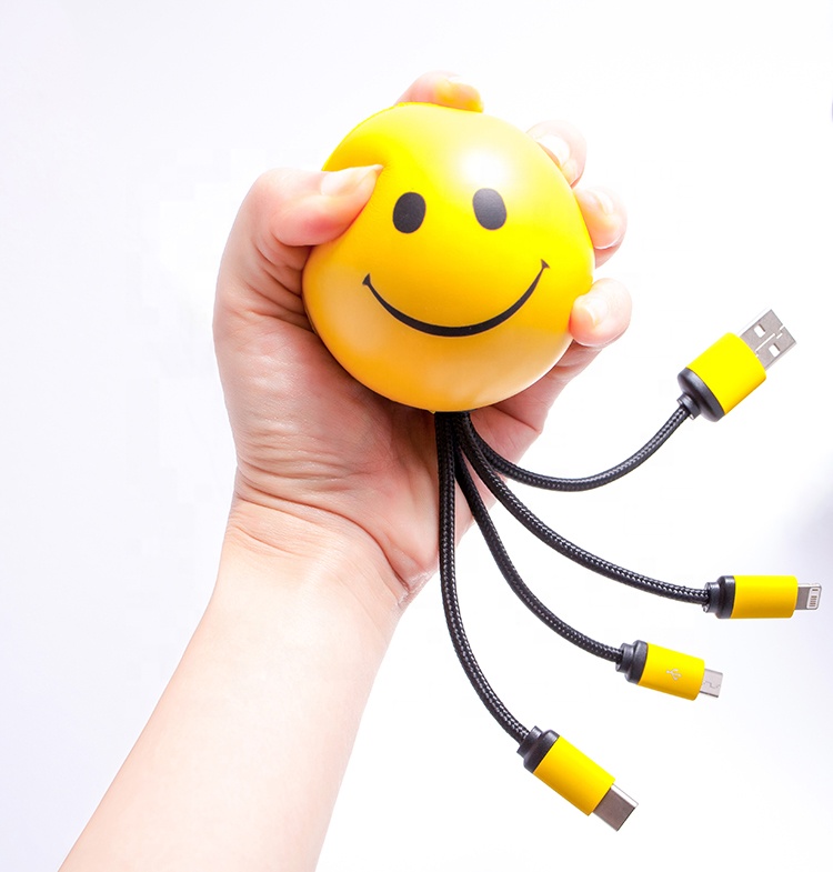 Пользовательские рекламные мяч для снятия стресса кабель Портативный usb зарядное устройство давление мяч кабель улыбка мяч для снятия стресса зарядный кабель