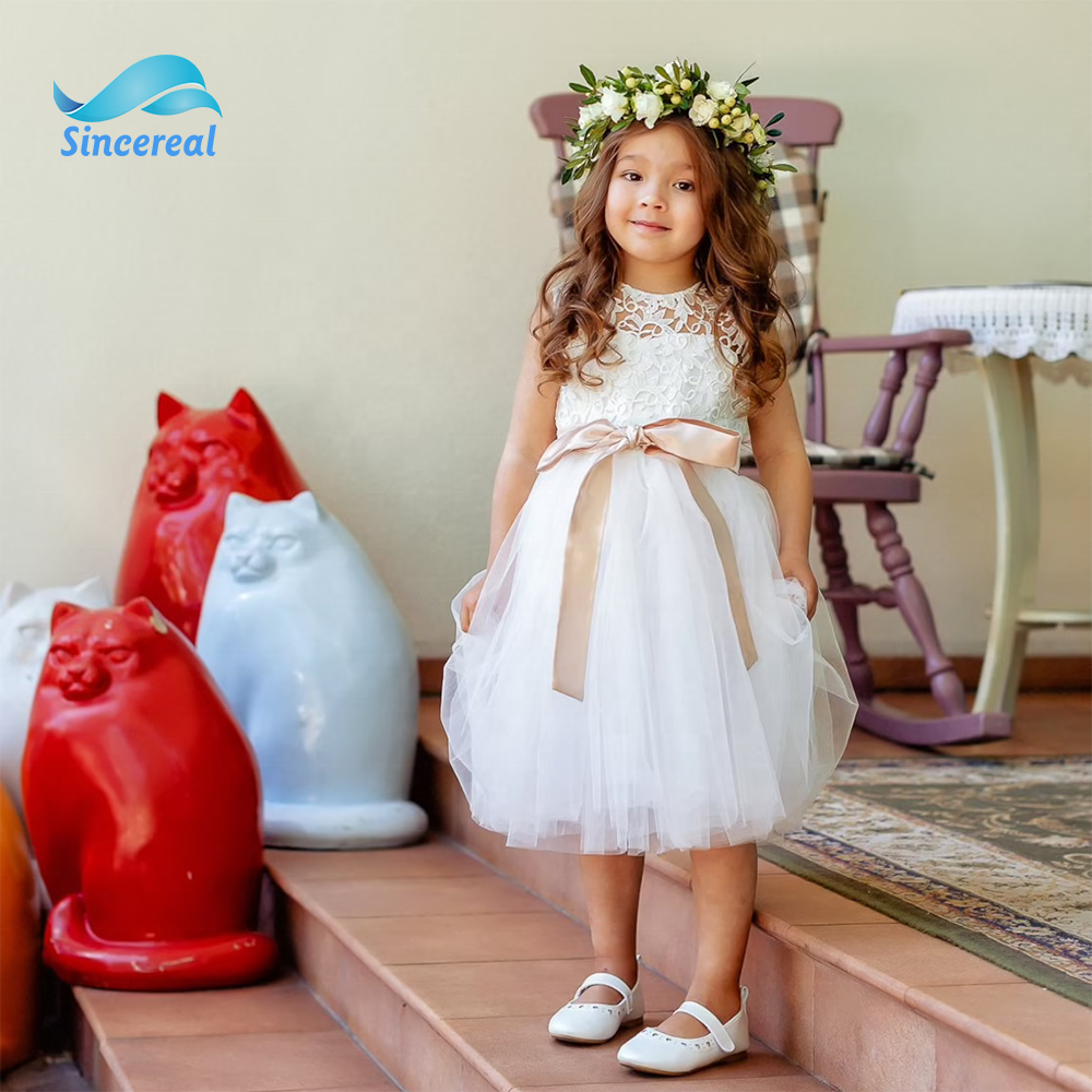 Kids Girls Lace Tulle Wedding Flower Girl Dress With Champagne Belt Bridesmaid Tutu Dresses