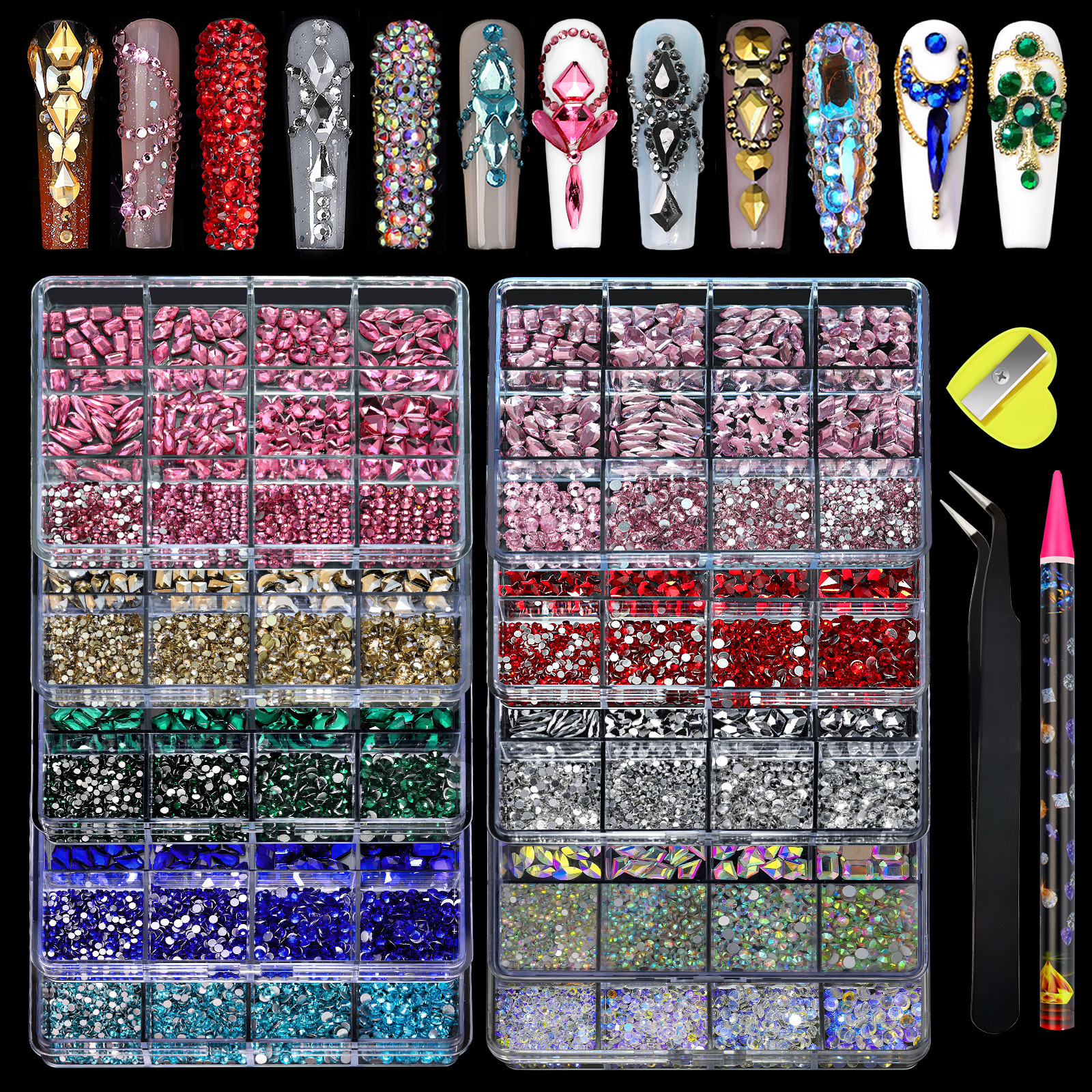 TSZS New 12 Grid/box Manicure Multicolor Crystal Nail Rhinestones Flat Bottom 3D Diamond DIY Nail Art Decoration