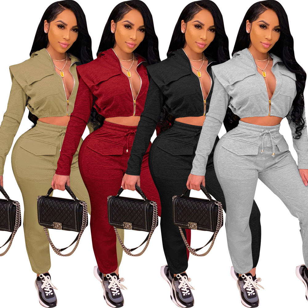 H5426 - women fashion zipper solid long sleeve crop top and pants two piece set