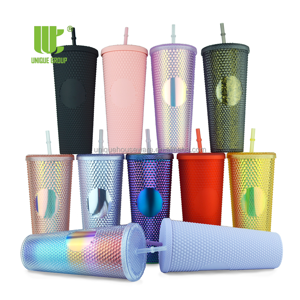 2021 Popular 24oz Plastic Double Wall Insulated Crystal Grid Studded Tumbler Cups Stud Mug With Straw