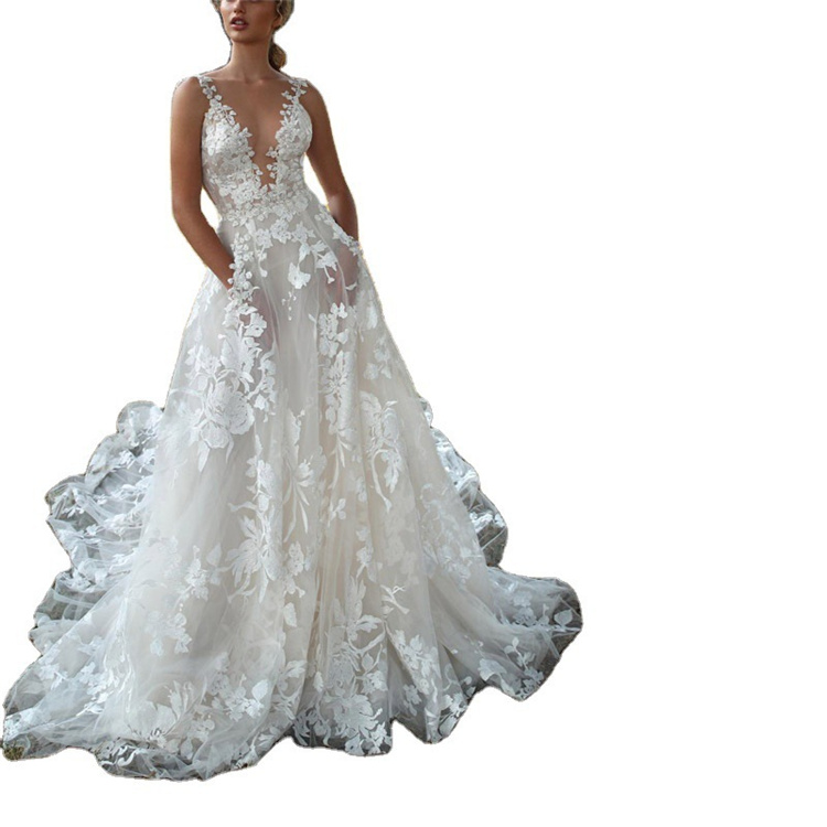 Bride Wedding Dresses Europe and America Hot Selling Sexy New Deep V Sling Wedding Evening Dress