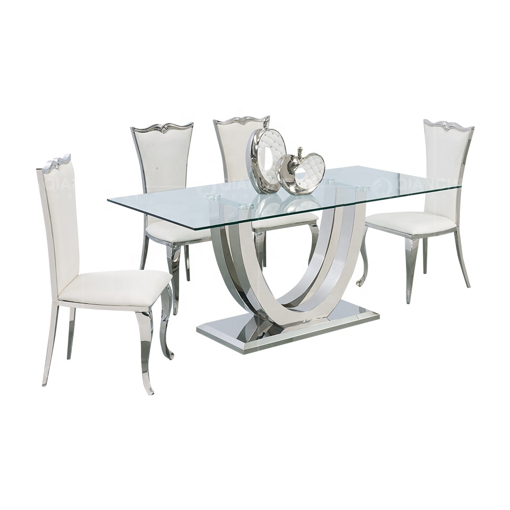 Simple ss steel furniture small tempered glass top dining tabel set 4 chairs free price silver metal glass dining room table