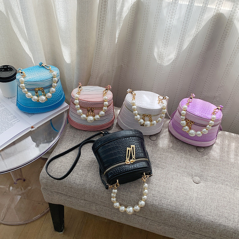 New Arrival Ladies Mini Mini Crocodile Pattern Pu Crossbody Women Pearl Handle Bucket Hand Bags