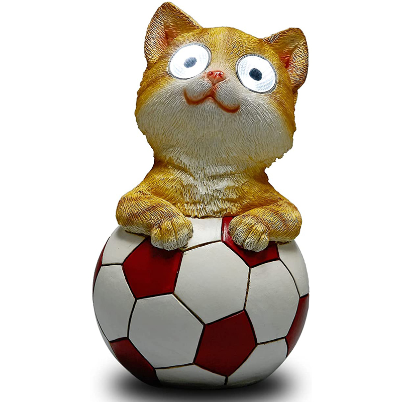 Solar Lights Outdoor Garden Decor- Yellow Cat Statues On Football Best Art Gift