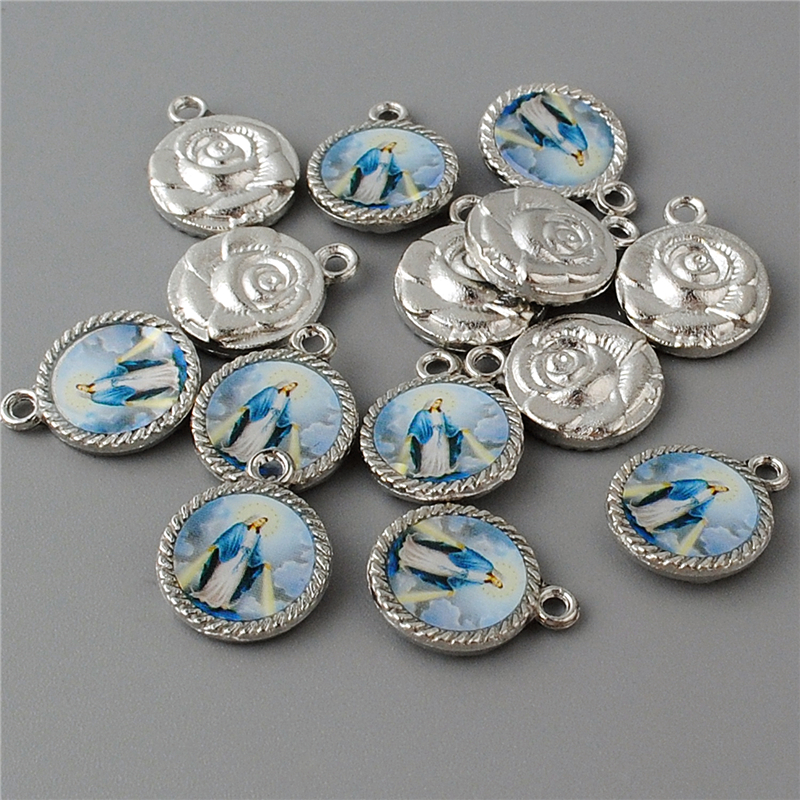 13*16mm Zinc Alloy Rose Shaped Medal with Virgin Mary Epoxy Image for Catholic Jewelry Accessories