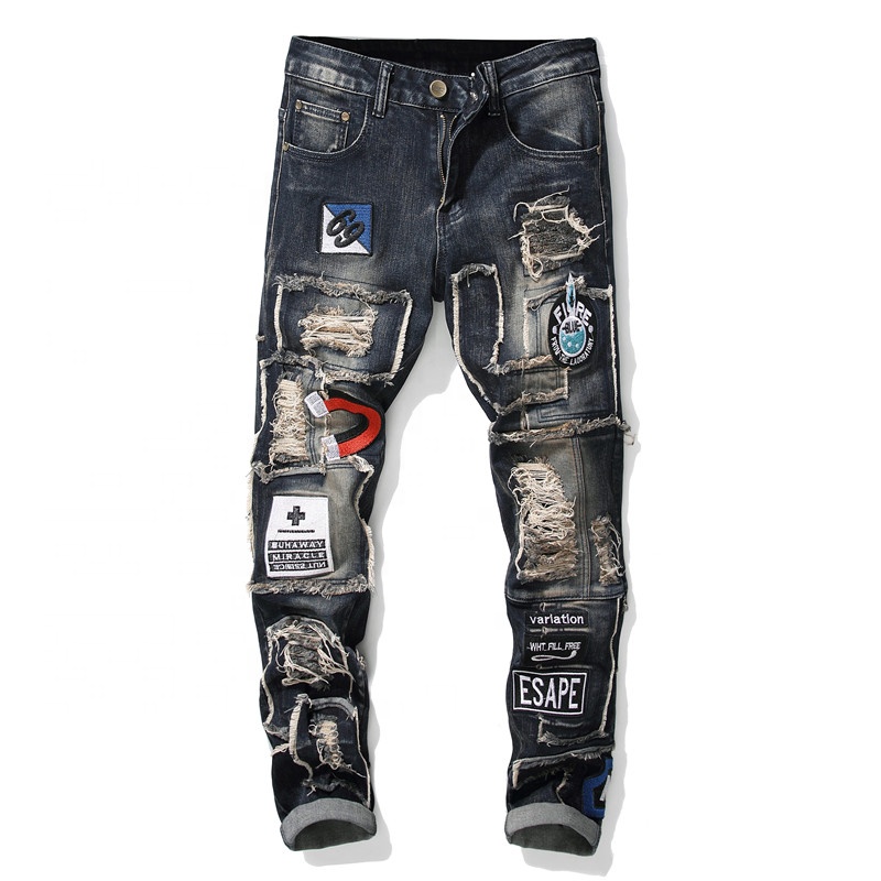 Мужские повседневные хлопковые джинсовые прямые Slim Fit Rap Harajuku байкерские джинсы, с вышивкой, мужчкие спортивные джинсы в стиле «панк-рок» и джинсовые брюки в стиле пэчворк